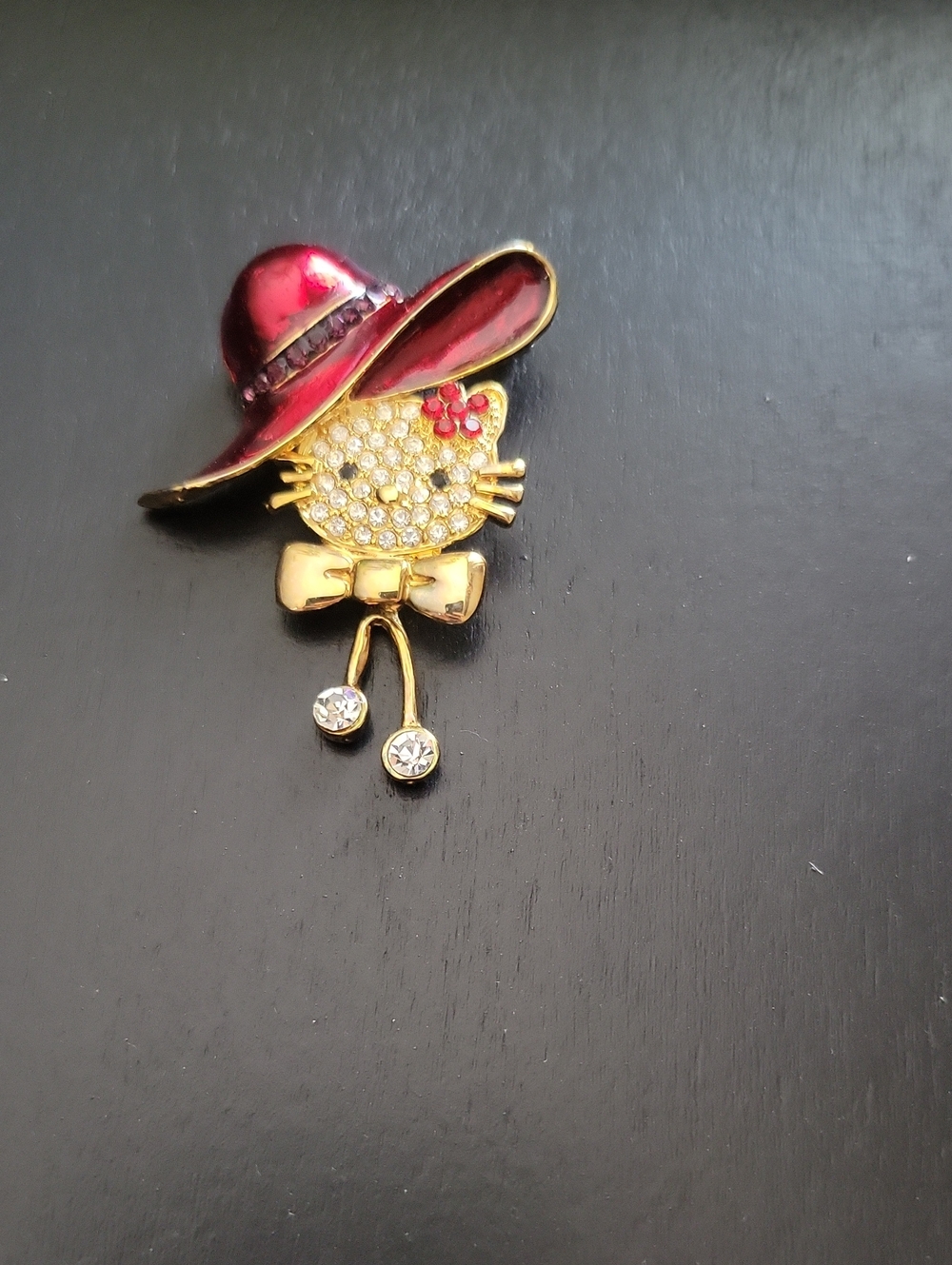 Gold Hello Kitty Brooch with Red Hat and Crystal Accents